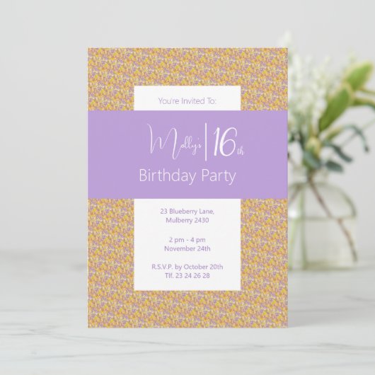 イリュシマパープルイエローフローラティーン16誕生日 招待状 (スタンド正面)
