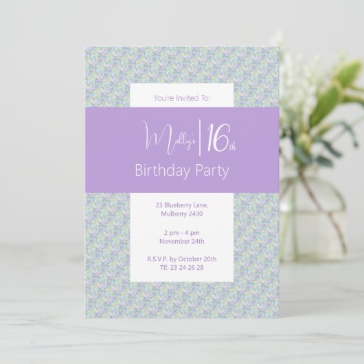 イリュシマパープルグリーンフローラティーン16誕生日 招待状 (スタンド正面)