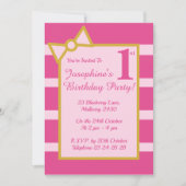 イリュシマピンクストライプガールズ金ゴールド誕生日パーティー 招待状 (正面)