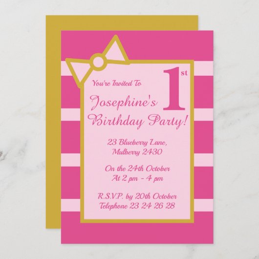 イリュシマピンクストライプガールズ金ゴールド誕生日パーティー 招待状 (正面/裏面)