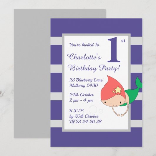 イリュシママーメイドパープルガールズバースデーパーティー 招待状 (正面/裏面)