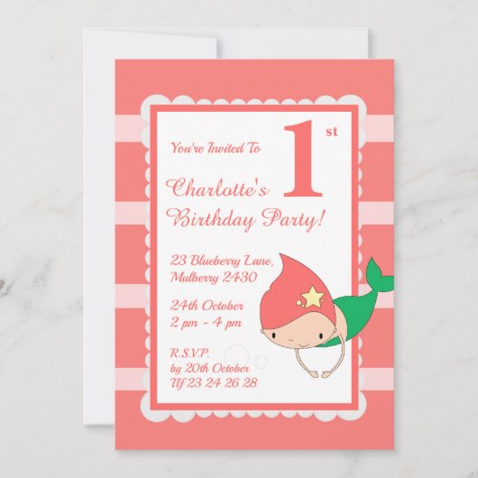 イリュシママーメイドピーチパールスガールズバースデーパーティー 招待状 (正面)