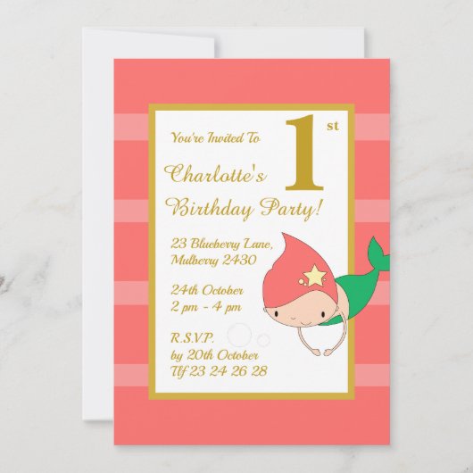 イリュシママーメイド金ゴールドガールズバースデーパーティー 招待状 (正面)