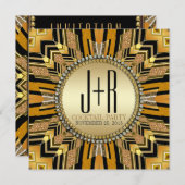 イリュージョンアールデコブラック金ゴールドディナーパーティー招待状 招待状 (正面/裏面)