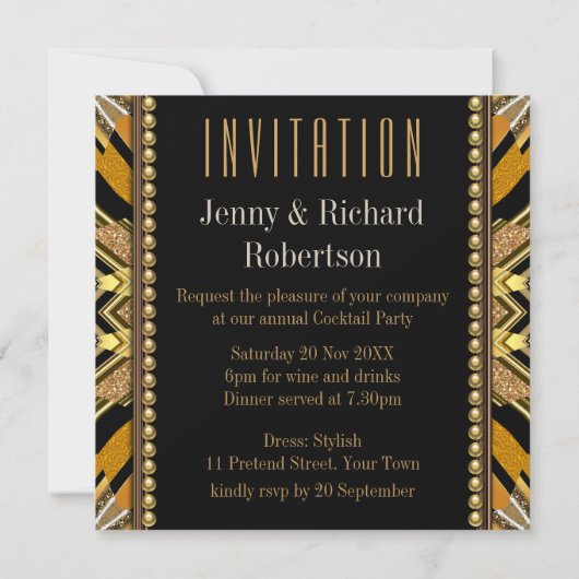 イリュージョンアールデコブラック金ゴールドディナーパーティー招待状 招待状 (裏面)