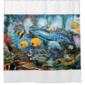 イルカおよび魚は礁の近くで泳ぎます シャワーカーテン (正面)