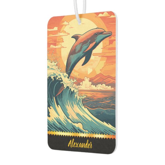 イルカが夕焼けの波を乗り越える カーエアーフレッシュナー (左)