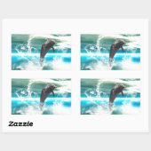 イルカが波を持って海に飛び込むハート 長方形シール (シート)