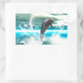 イルカが波を持って海に飛び込むハート 長方形シール (バッグ)