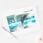 イルカが波を持って海に飛び込むハート 長方形シール (封筒)