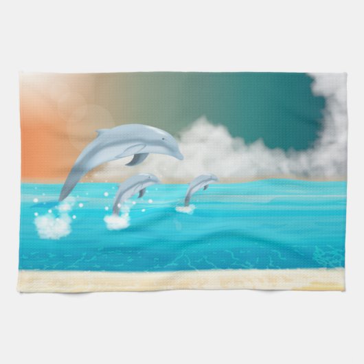 イルカが海に群がる キッチンタオル (横)