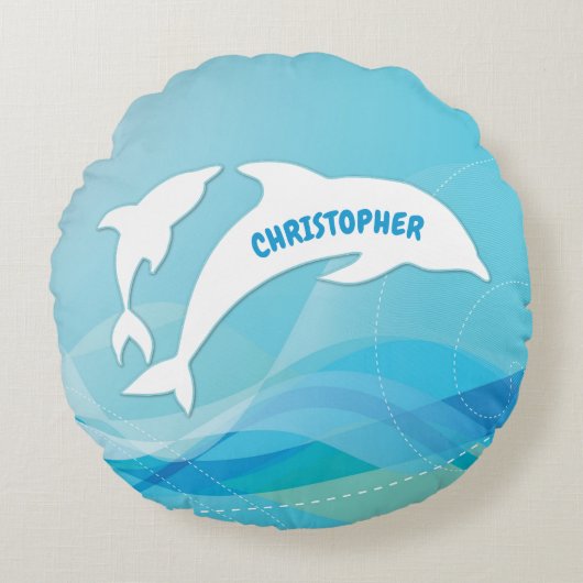 イルカが海に飛び込パーソナライズされたむ ラウンドクッション (正面)