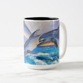イルカが飛び跳ねて喜ぶ ツートーンマグカップ (正面右)