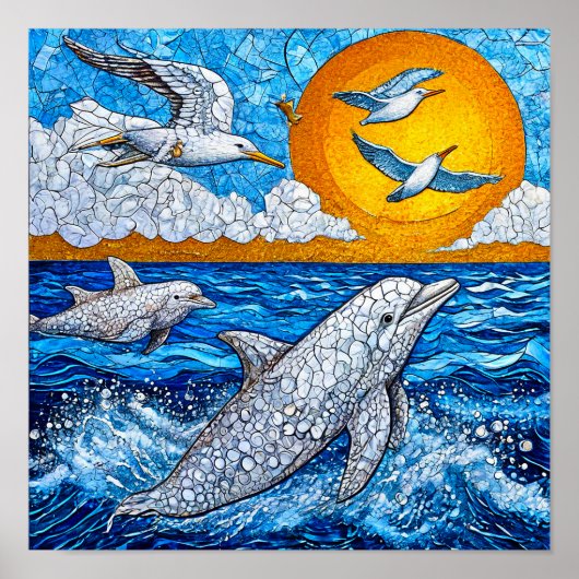 🐬イルカとカモメの海洋モザイク海岸 ポスター (正面)