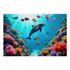 イルカとサンゴ礁の海の世界ポスター ポスター