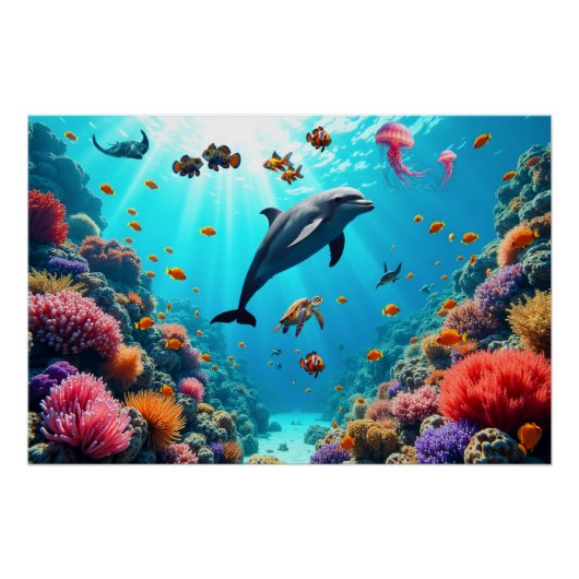 イルカとサンゴ礁の海の世界ポスター ポスター (正面)