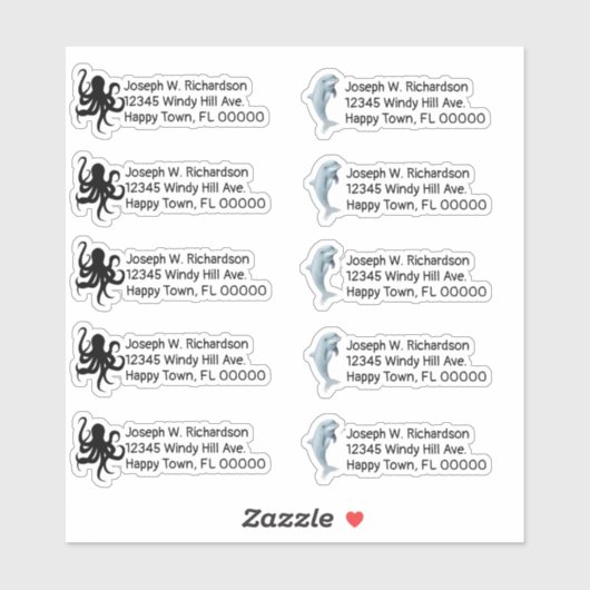 イルカとタコの形をした差出人住所 シール (シート)