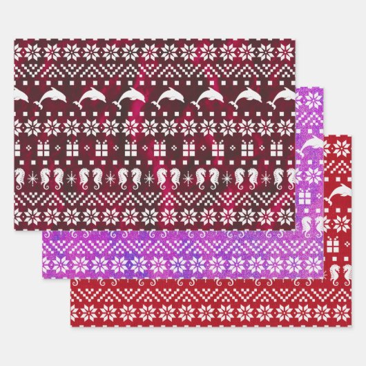 イルカとタツノオトシゴのクリスマスパターン ラッピングペーパーシート (セット)