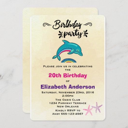 イルカとヒトデの熱帯熱をテーマにした誕生日 招待状 (正面/裏面)