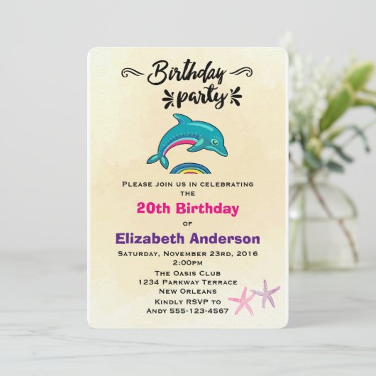 イルカとヒトデの熱帯熱をテーマにした誕生日 招待状 (スタンド正面)