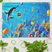 イルカとリーフ：水中の喜び キッチンタオル (折り畳み)