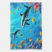 イルカとリーフ：水中の喜び キッチンタオル (縦)