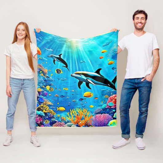 イルカとリーフ：水中の喜び フリースブランケット (インサイチュ)