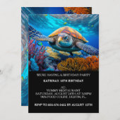 イルカと一緒にお祝い！海亀の誕生日パーティー招待状 招待状 (正面/裏面)