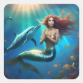 イルカと一緒に泳ぐ天使のような人魚 スクエアシール (正面)