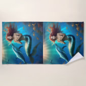 イルカと一緒に泳ぐ天使のような人魚 ビーチタオル (正面)