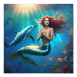 イルカと一緒に泳ぐ天使のような人魚 フォトプリント