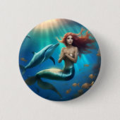 イルカと一緒に泳ぐ天使のような人魚 缶バッジ (正面)