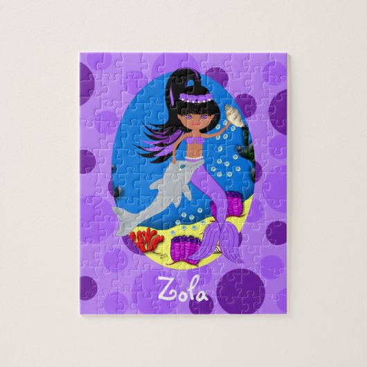 イルカと一緒に海に登場する紫色の人魚 ジグソーパズル (縦)