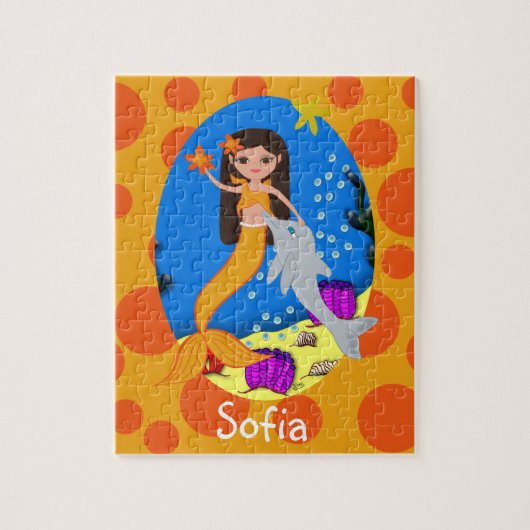 イルカと一緒に海のオレンジの人魚 ジグソーパズル (縦)