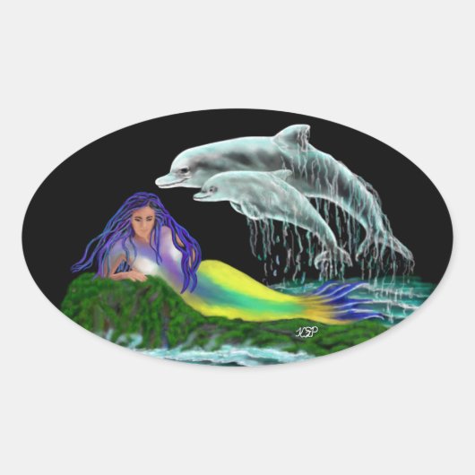 イルカと人魚 楕円形シール (正面)
