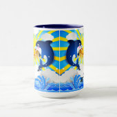 イルカと太陽のパーソナライズあなたの名前を追加Blue 15oz マグカップ (中央)