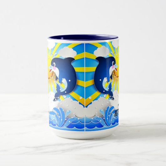 イルカと太陽のパーソナライズあなたの名前を追加Blue 15oz マグカップ (中央)