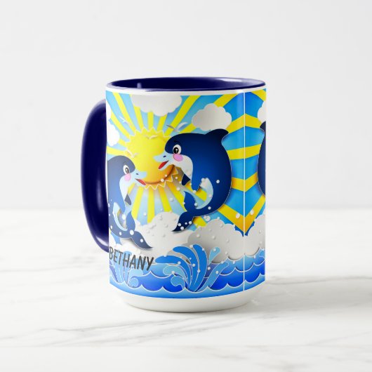イルカと太陽のパーソナライズあなたの名前を追加Blue 15oz マグカップ (正面左)