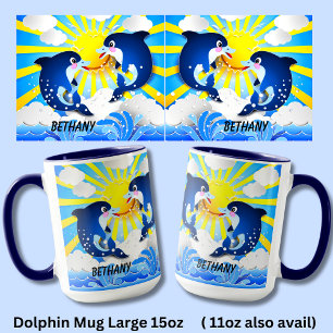イルカと太陽のパーソナライズあなたの名前を追加Blue 15oz マグカップ