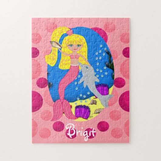 イルカと海のピンクの人魚 ジグソーパズル (縦)
