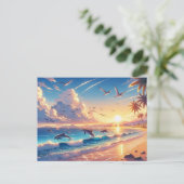 イルカと海の熱帯ビーチに沈む夕日 ポストカード (スタンド正面)