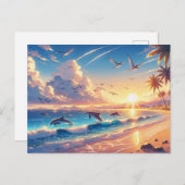 イルカと海の熱帯ビーチに沈む夕日 ポストカード (正面/裏面)