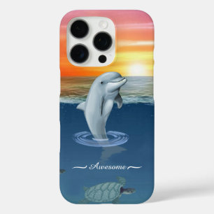 イルカと海亀とカリグラフィーが描かれたモダンなデザイン オーシャン iPhone 16 PROケース