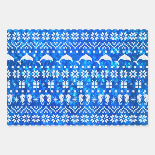 イルカと海馬の青いクリスマスパターン(の模様が)ある ラッピングペーパーシート (正面3)