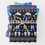 イルカと海馬の青いクリスマスパターン(の模様が)ある ラッピングペーパーシート (インサイチュ)