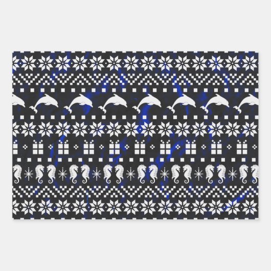 イルカと海馬の青いクリスマスパターン(の模様が)ある ラッピングペーパーシート (正面)