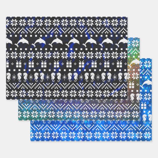 イルカと海馬の青いクリスマスパターン(の模様が)ある ラッピングペーパーシート (セット)