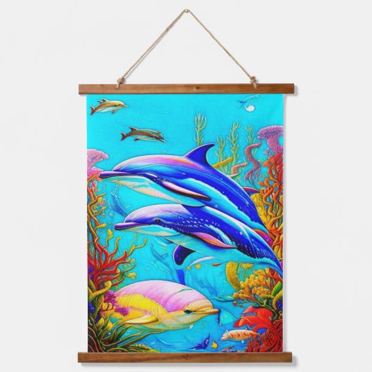 イルカと美しいコーラルリーフ海デザイン 吊り下げ型タペストリー (正面)