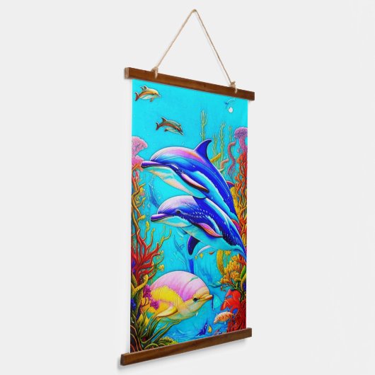イルカと美しいコーラルリーフ海デザイン 吊り下げ型タペストリー (傾斜あり)