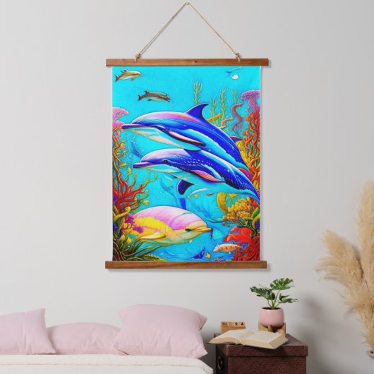 イルカと美しいコーラルリーフ海デザイン 吊り下げ型タペストリー (寝室)